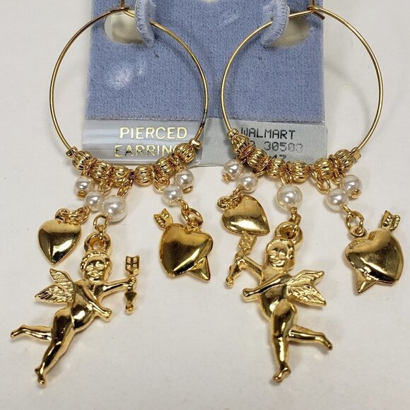 Women's Polished Gold tone Beaded Hoop Design Drop Earrings - Dangling Charms #3 - Picture 1 of 6